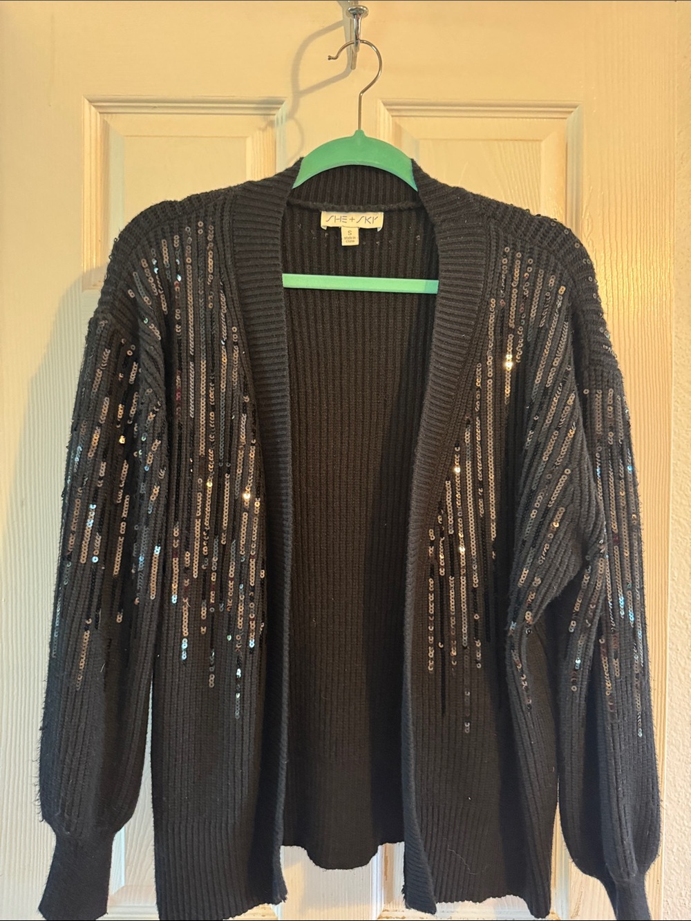 She + Sky Black Sequin Open-Front Cardigan